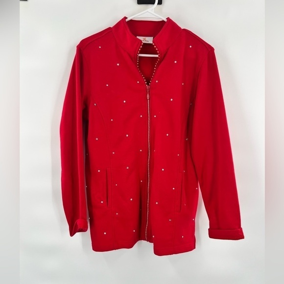 Quacker factory red bejeweled full zip long sleeve jacket size S - Picture 2 of 8